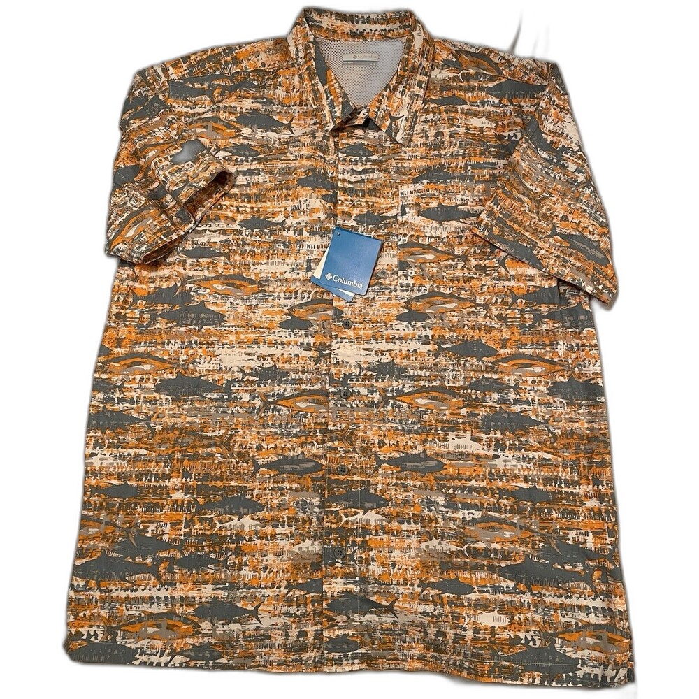 Columbia Shirt Men Size L Orange & Gray Fish Pattern PFG Button Up Fishing Shirt